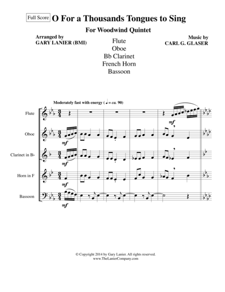 Free Sheet Music O For A Thousand Tongues To Sing Woodwind Quintet Flute Oboe Bb Clarinet Horn And Bassoon
