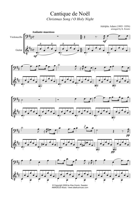 O Holy Night Cantique De Noel For Cello And Guitar Sheet Music