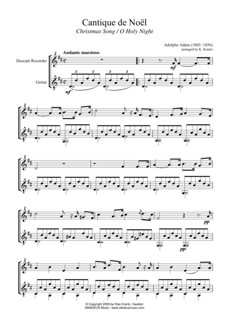 O Holy Night Cantique De Noel For Descant Recorder And Guitar Sheet Music