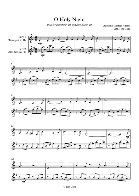 O Holy Night Duet For Trumpet In Bb And Alto Saxophone In Eb Sheet Music