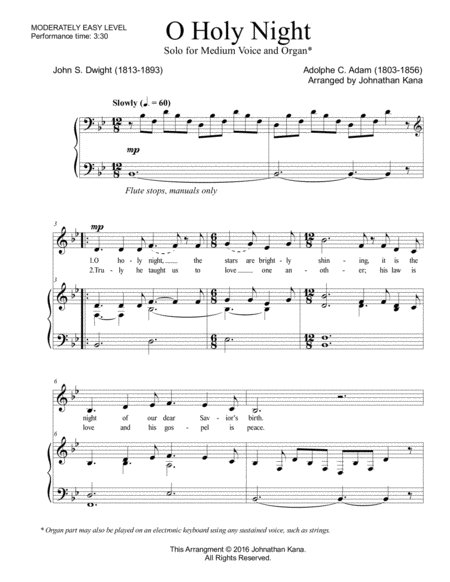 O Holy Night Easy Vocal Solo With Organ Sheet Music