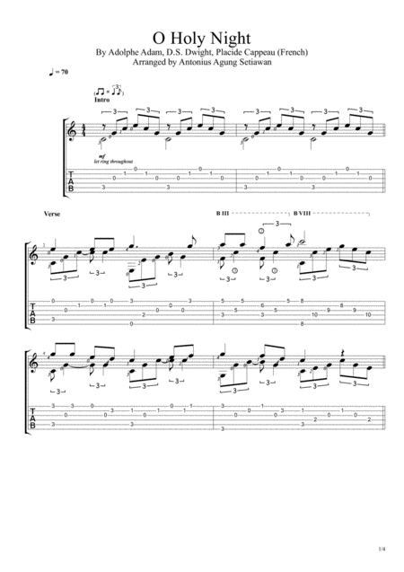 Free Sheet Music O Holy Night Fingerstyle Guitar Solo