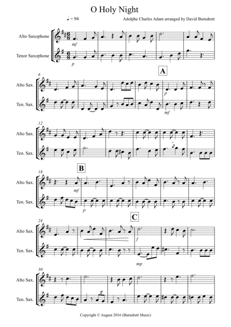 Free Sheet Music O Holy Night For Alto And Tenor Saxophone Duet