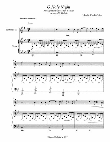 Free Sheet Music O Holy Night For Baritone Sax Piano