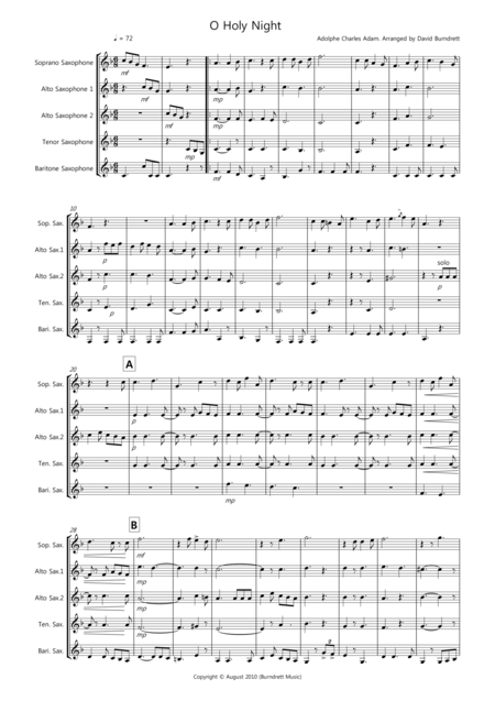 Free Sheet Music O Holy Night For Saxophone Quintet