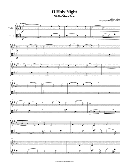 O Holy Night Violin Viola Duet Two Tonalities Included Sheet Music