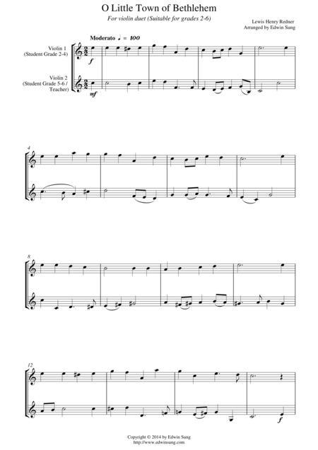 O Little Town Of Bethlehem For Violin Duet Suitable For Grades 2 6 Sheet Music