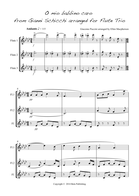 Free Sheet Music O Mio Babbino Caro For Flute Trio Score And Set Of Parts Included