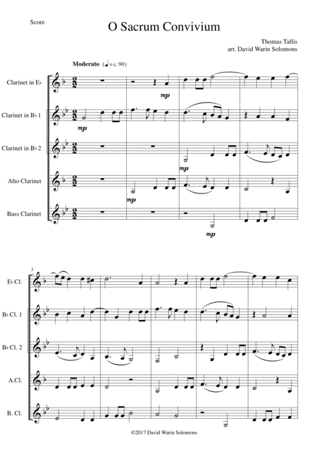 Free Sheet Music O Sacrum Convivium For Clarinet Quintet E Flat 2 B Flats Alto And Bass