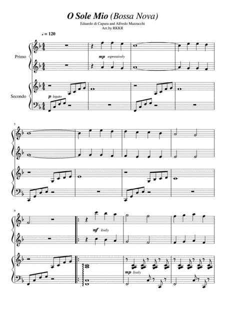 Free Sheet Music O Sole Mio Bossa Nova Piano Duet