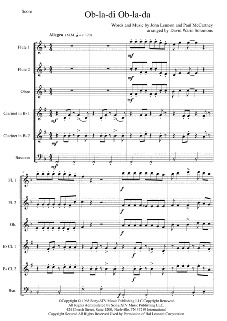 Free Sheet Music Ob La Di Ob La Da For Wind Sextet