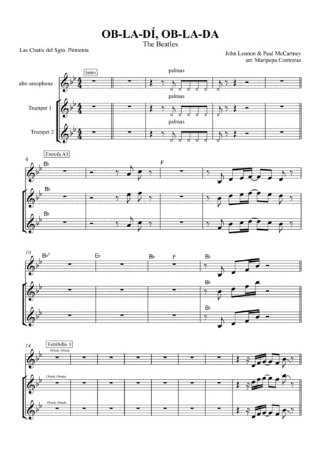 Free Sheet Music Ob La Di Ob La Da Wind Section Alto Saxophone And Two Trumpets