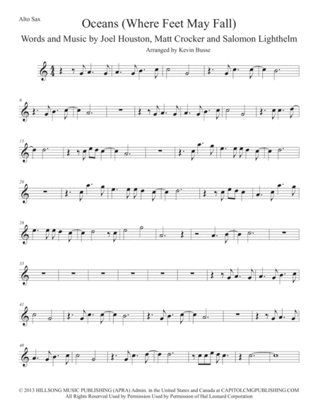 Oceans Easy Key Of C Alto Sax Sheet Music