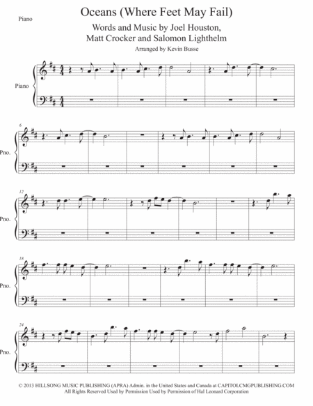 Oceans Original Key Piano Sheet Music