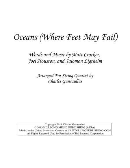 Oceans Where Feet May Fail Hillsong String Quartet Sheet Music