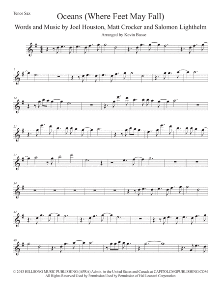 Oceans Where Feet May Fail Tenor Sax Sheet Music