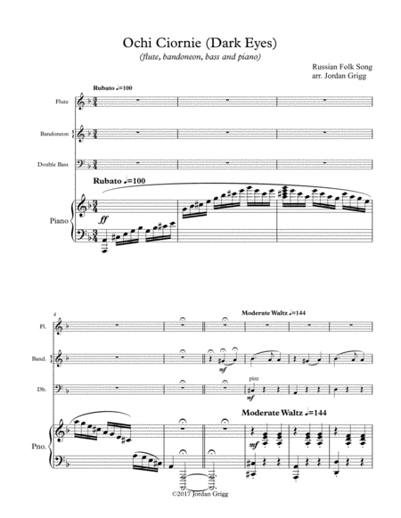 Ochi Ciornie For Flute Bandoneon Bass And Piano Sheet Music