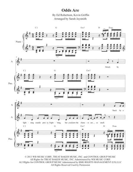 Free Sheet Music Odds Are Satb With Piano By Barenaked Ladies Arranged By Sarah Jaysmith