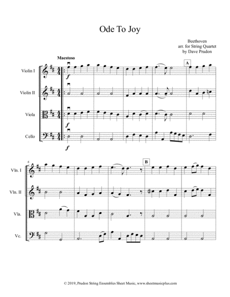 Ode To Joy For String Quartet Sheet Music