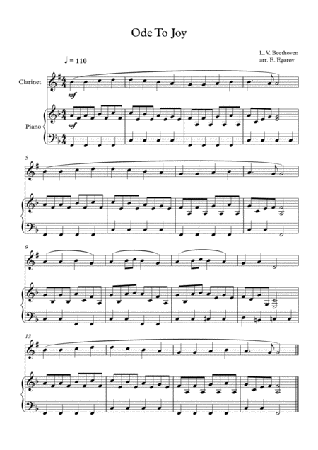 Ode To Joy Ludwig Van Beethoven For Clarinet Piano Sheet Music