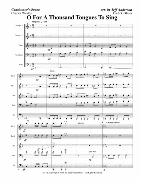 Free Sheet Music Oh For A Thousand Tongues To Sing For Brass Quintet