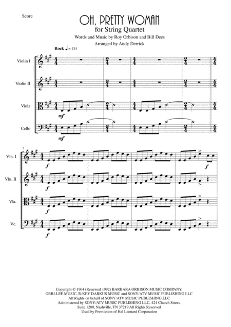 Oh Pretty Woman For String Quartet Sheet Music