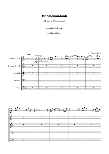 Free Sheet Music Oh Shenandoah Across The Wide Missouri American Folksong For Brass Quintet Score And Parts