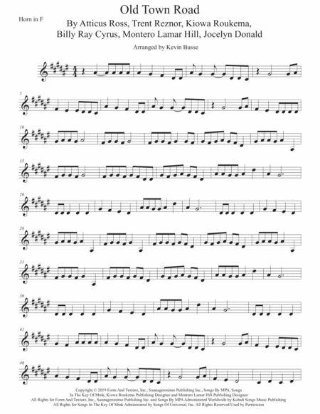 Old Town Road Horn In F Original Key Sheet Music