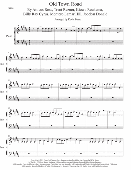 Old Town Road Piano Original Key Sheet Music