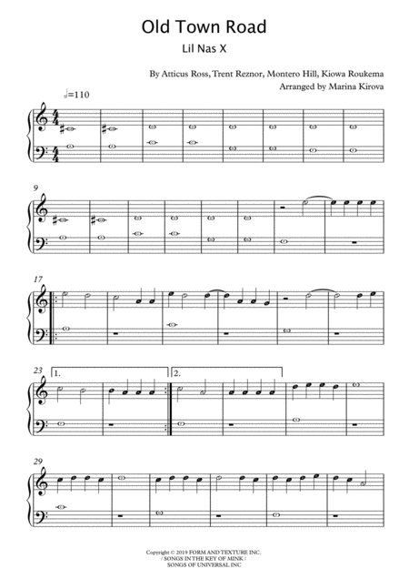 Old Town Road Remix Easy Piano With Note Names Sheet Music