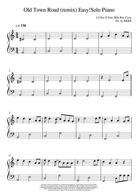 Old Town Road Remix Easy Solo Piano Sheet Music