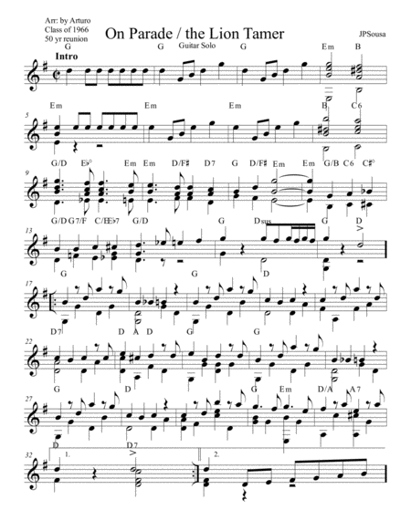 On Parade The Lion Tamer By John Philip Sousa For Guitar Solo Sheet Music