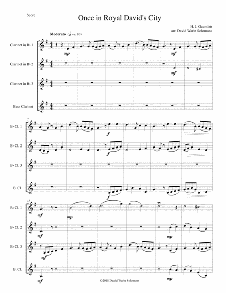 Once In Royal Davids City For Clarinet Quartet Sheet Music