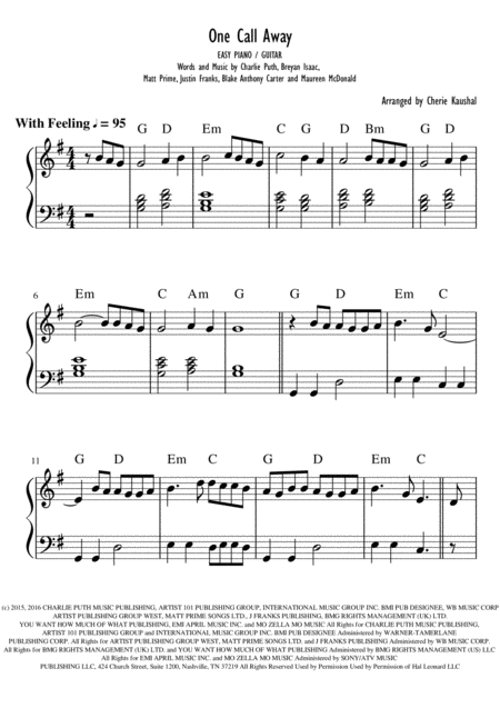 One Call Away For Easy Piano Guitar Sheet Music