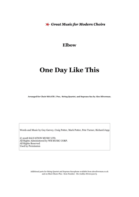 One Day Like This Elbow Choir Pno Edition Sheet Music