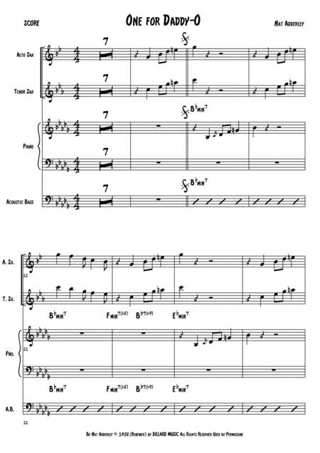 Free Sheet Music One For Daddy O N Adderley Score And Individual Parts Alto Sax Tenor Sax Piano Bass