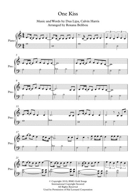 One Kiss By Calvin Harris Dua Lipa Easy Piano Sheet Music