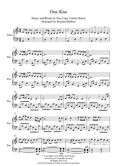 One Kiss By Calvin Harris Dua Lipa Piano Sheet Music