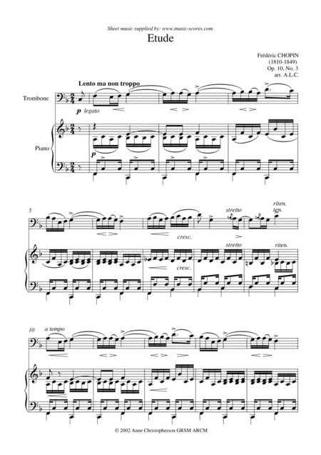 Op10 No 3 Etude Trombone And Piano Sheet Music