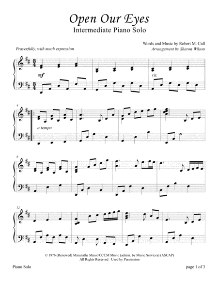 Free Sheet Music Open Our Eyes Sacred Piano Solo