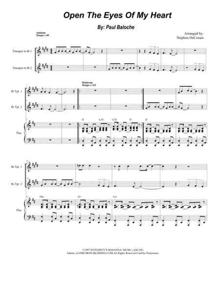 Free Sheet Music Open The Eyes Of My Heart Duet For Bb Trumpet