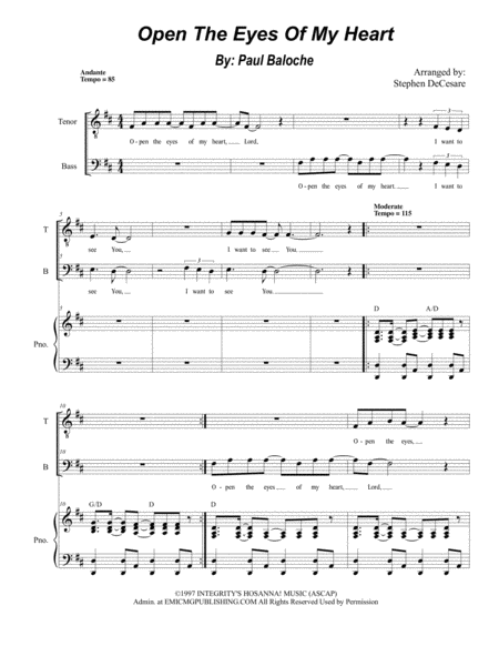 Open The Eyes Of My Heart Duet For Tenor And Bass Solo Sheet Music