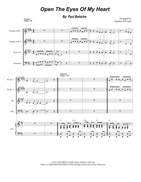 Open The Eyes Of My Heart For Brass Quartet And Piano Sheet Music