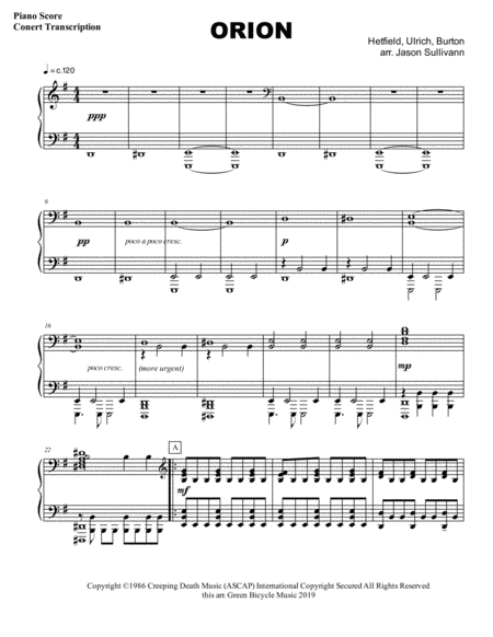 Free Sheet Music Orion By Metallica Concert Piano Transcription