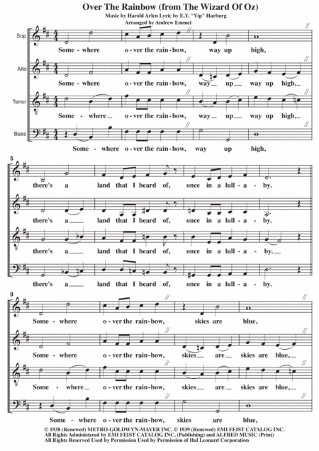 Free Sheet Music Over The Rainbow From The Wizard Of Oz A Cappella