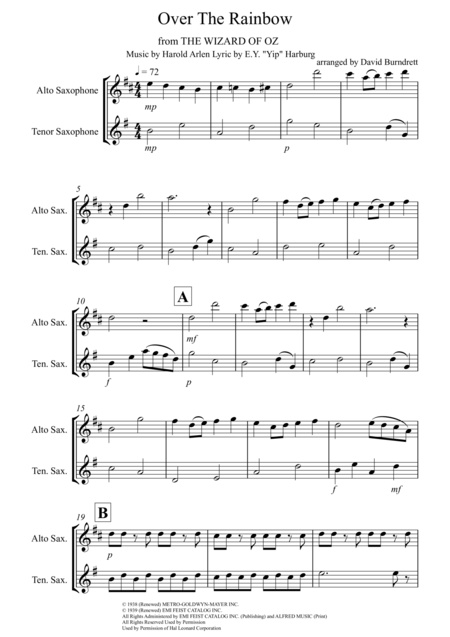 Free Sheet Music Over The Rainbow From The Wizard Of Oz For Alto And Tenor Saxophone Duet