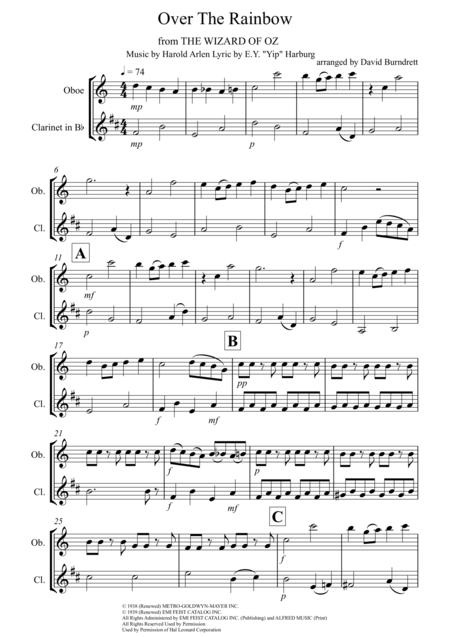 Over The Rainbow From The Wizard Of Oz For Oboe And Clarinet Duet Sheet Music