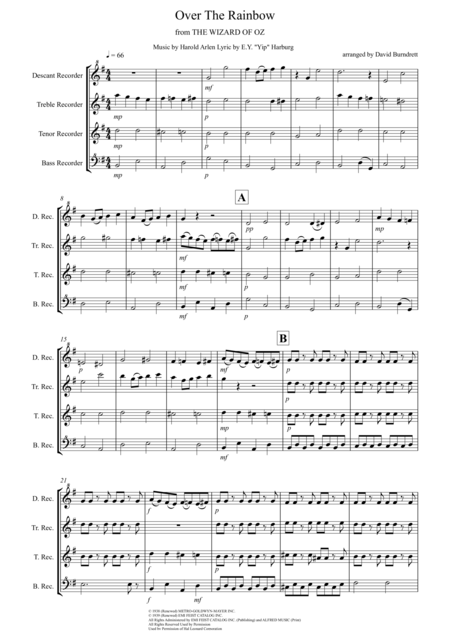 Free Sheet Music Over The Rainbow From The Wizard Of Oz For Recorder Quartet