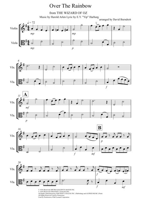 Over The Rainbow From The Wizard Of Oz For Violin And Viola Duet Sheet Music