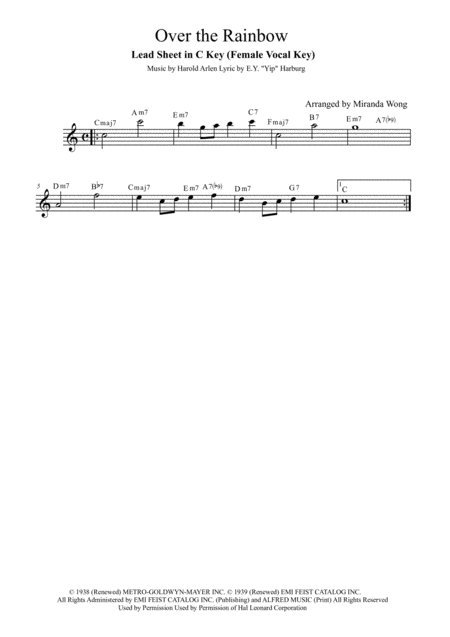 Free Sheet Music Over The Rainbow From The Wizard Of Oz Lead Sheet In C Key With Chords